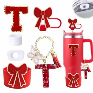 Imagem de Conjunto de 6 peças de acessórios para copo vermelho Stanley Cup 850 g 1,134 g copo com alça, incluindo tampa de cobertura de palha de silicone e bota de laço, tampa à prova de derramamento, pingente