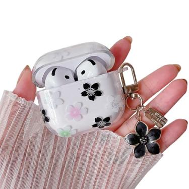 Imagem de MINSCOSE Capa transparente compatível com AirPods 4, capa de fone de ouvido linda flor com chaveiro floral, capa protetora de TPU transparente macio para AirPod 4 para meninas e mulheres - preta
