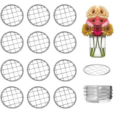 Imagem de bociloy 12 peças de tampas de sapo de flores de 70 mm, organizador de inserção de tampa de grade de metal de 70 mm para potes de conserva de boca regular, suporte de arranjo floral de orifício