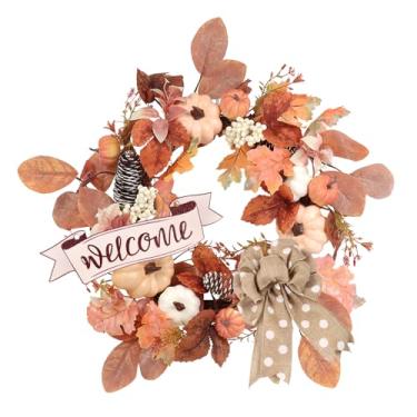 Imagem de Culudea Guirlanda de outono de 50,8 cm, guirlanda artificial para porta da frente com laço de placa, algodão pastel, laranja, folhas de flor, abóbora rosa, decoração de outono para decoração de outono