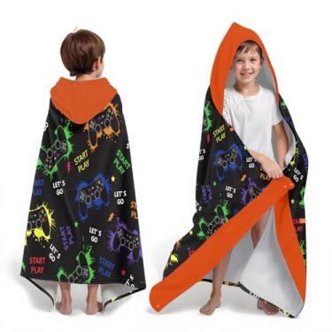 Imagem de Neapth Gamepad Theme Toalha de praia com capuz para meninos, 76.2 cm x 127.0 cm Toalha de banho infantil poncho para crianças, azul claro macio absorvente com capuz para 3-10 anos roupão de banho para