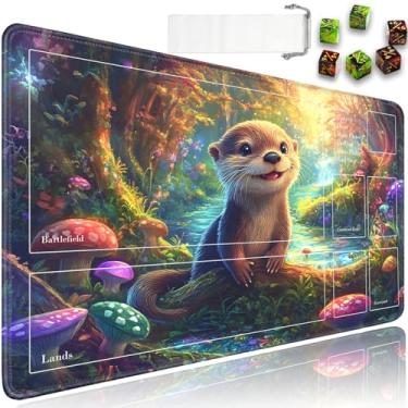 Imagem de for MTG Playmat with Zones, for TCG Playmat and Board Game Mat with Storage Bag and 6 Dice, 24x14in Non-Slip for MTG Mat, Forest Cute Otter Pattern Magic Trading Card Mat Mousepad