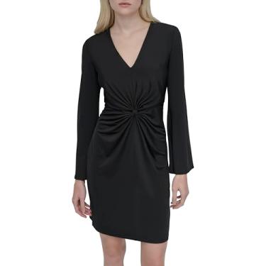 Imagem de DKNY Minivestido feminino longo manga sino gola V torcido na frente, Preto, 38