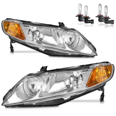 Imagem de ROADEAL Faróis com lâmpadas para Honda Civic 2006-2011 4 portas halogêneo substituição do lado do motorista e do passageiro