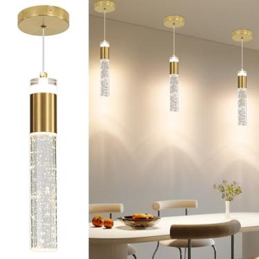 Imagem de Luzes pendentes de ilha de cozinha moderna, luz suspensa de cristal com bolhas douradas, 3 cores 2700K/4500K/6500K, mini lustre linear de LED para sala de jantar, quarto, bar, corredor, cabeceira
