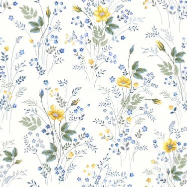 Imagem de VEELIKE Papel de parede floral Meadow Peel and Stick Boho Amarelo Azul Papel de parede floral para quarto de berçário 48 cm x 900 cm Papel de parede botânico removível autoadesivo papel de contato