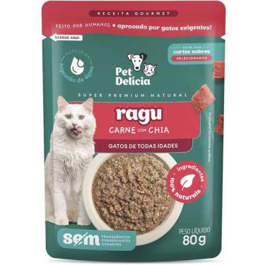 Imagem de Ração Úmida Pet Delícia Sachê Natural Ragu de Carne com Chia para Gatos - 80 g - 16 Unidades