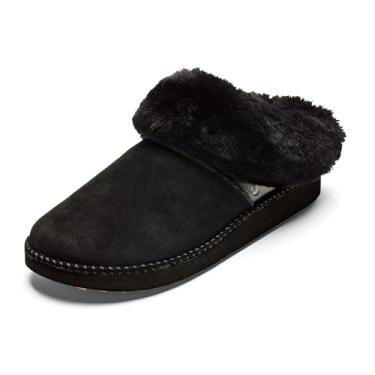 Imagem de OLUKAI Ku'i Pantufa feminina, palmilha macia de couro de flor integral e mistura de lã, solas molhadas para uso interno e externo, sem cadarço fofo e confortável, Pedra vulcânica/pedra vulcânica, 35