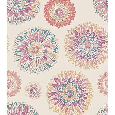 Imagem de Papel de parede bege Boho Peel and Stick, vintage círculo floral contato papel de parede 44,5 cm x 998,2 cm, Abstact Retro azul/rosa flor papel de parede autoadesivo removível à prova d'água para