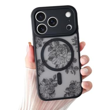 Imagem de Yeddabox Capa compatível com 17 Pro Max com MagSafe, capa Flower 17 Pro Max para mulheres e meninas, capa fina à prova de choque macia TPU bumper rígida PC capa traseira para telefone - flor preta