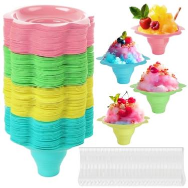 Imagem de EATHEATY 200 peças de copos coloridos de cone de neve de 227 g com colher - Copos de gelo reutilizáveis em forma de flor - Tigelas de sorvete de plástico para sorvete raspado para férias de verão