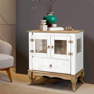 Imagem de Aparador 2 Portas Vidro Lateral Madeira Maciça Rústico Branco Garapa D120VL Shop JM