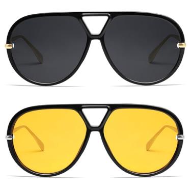Imagem de VANLINKER Óculos de sol aviador polarizados grandes e modernos para mulheres e homens, óculos de sol redondos retrô vintage VL9798, Pacote com 2 - C1 + C2 - Preto/Cinza e Preto/Amarelo, M