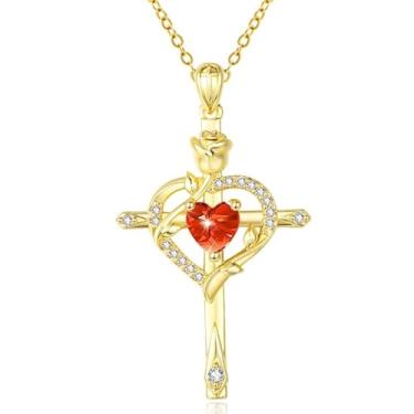 Imagem de CupidGift Colar de cruz para mulheres, banhado a ouro 14 K, banhado a ouro 18K, delicado coração, pedra do mês de nascimento, rosa, joias diárias, batismo, fé, aniversário, Natal, presentes de