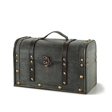 Imagem de Soul & Lane Katherine Caixa decorativa para decoração de casa: baú de tesouro de madeira manchada antiga, caixa de madeira de decoração de bagagem com alça, porta-malas vintage com tampa articulada, acessório para foto de peito pirata