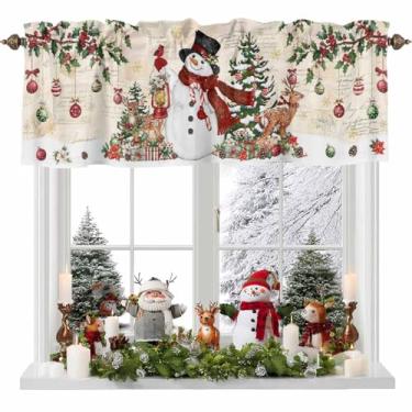 Imagem de Cortina de boneco de neve de Natal para janelas, bolas de árvore de Natal veado vermelho verde ramo vintage bege jornal fundo valance varão bolso janela cortinas curtas para cozinha, sala de estar