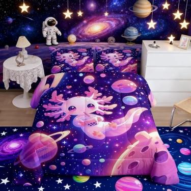 Imagem de Conjunto de edredom com estampa de axolote rosa, tamanho casal, galáxia, planeta, espaço infantil, desenho animado, misterioso, edredom rosa, roxo, 2 fronhas
