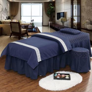 Imagem de JONKMY Conjuntos de lençóis de mesa de massagem e saia de cama de beleza 4 peças colchas de salão de spa simples macias cor sólida salão de beleza saia de cama com furo massagem shampoo conjunto de