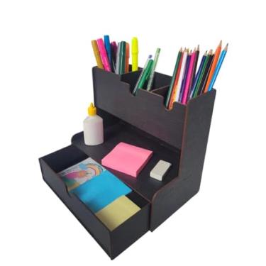 Imagem de Organizador de Mesa MDF Preto, Tabaco e Nogueira - Porta Lápis Multiuso para Escritório Home office (Preto)