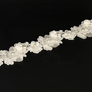 Imagem de 2 jardas vintage flor branca pérola contas acabamento renda fita apliques florais tecido de renda bordado para costura artesanato casamento vestido de noiva roupas fantasia chapéu decoração (branco, 2