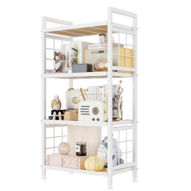 Imagem de GIOTORENT Prateleiras de despensa de 4 camadas com tábuas de madeira, prateleiras de armazenamento resistentes e prateleira de livros, unidade de prateleira de metal ajustável para organizador de