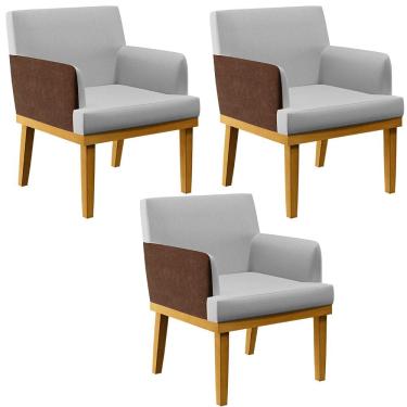 Imagem de Kit 3 Poltronas Decorativa Para Sala De Estar Beatriz W01 Linho Cinza Couríssimo Marrom - Lyam Decor