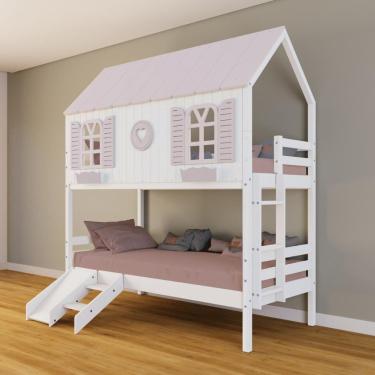 Imagem de Beliche Casinha Bela Com Coração Kit Escada/escorregador - Madeira Maciça Branco/rosa Housin