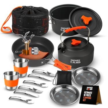 Imagem de Conjunto de 18 peças para mochila Smokey Camp com fogão e adaptador – panela, panela, chaleira, fogão, talheres, kit compacto de bagunça de utensílios de cozinha de acampamento, tudo em um, conjunto
