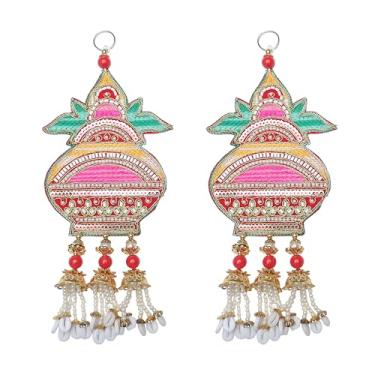 Imagem de Conjunto de 2 portas penduradas em tecido de veludo feito à mão Kalash Design Rajasthani Work Home Decor Latkan Jhumar Toran para porta de entrada decoração indiana tradicional festival diwali