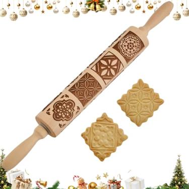 Imagem de Gobam Rolo de massa em relevo para biscoitos, rolo de massa de madeira gravado para assar, rolo de biscoito de padrão profundo para Natal, férias, decoração de cozinha DIY e presente - azulejo vintage
