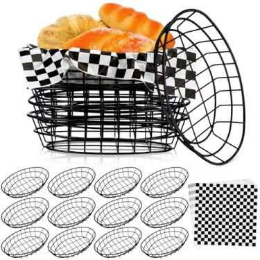 Imagem de Hushee 12 cestos de pão de arame a granel 24 x 15 x 5 cm de metal oval para servir tigela de frutas com 50 forros de papel quadriculados para restaurante, cozinha, fast food