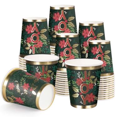 Imagem de WRAPAHOLIC 50 peças de copos de papel de Natal - Copos descartáveis florais de 255 g de alegria verde e poinsétia, suprimentos de festa de fim de ano para suco, café, bebida quente e fria