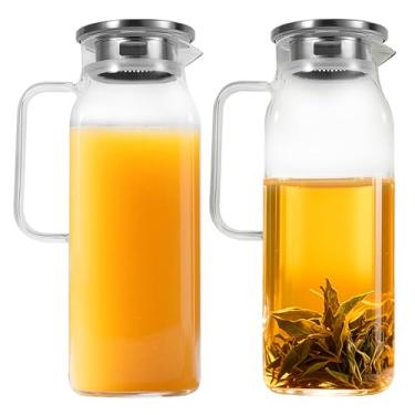 Imagem de KTZCTPCA 2 recipientes para jarra de suco, jarro quadrado de vidro borossilicato transparente de 2L, jarra de água de vidro com tampa e alça de metal, jarra de água fácil de limpar para chá, suco