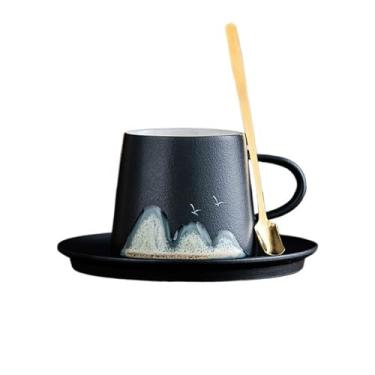 Imagem de hezhuhe2258 Caneca de café para decoração de casa pintada à mão conjunto de cerâmica 200 ml chá da tarde latte doméstico com colher (preto)