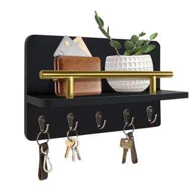 Imagem de KISENG Suporte de parede, porta-chaves decorativo com prateleira e 5 ganchos resistentes, ganchos de chave rústicos para parede para organizador de correio, coleira de cachorro pendurada, óculos