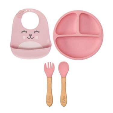 Imagem de Kit Buba Pratinho Talheres Silicone + Babador Gumy Migalhas, Rosa