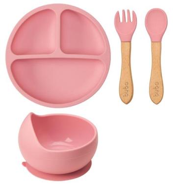 Imagem de Kit Buba Prato Bowl Talheres Silicone Bambu Alimentação Bebê, Rosa