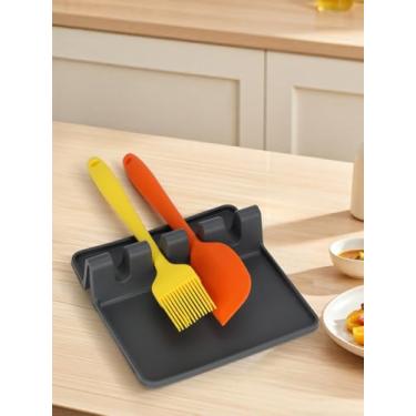 Imagem de Descanso de utensílios de silicone – Descanso de colher sem BPA com coletor de gotejamento, resistente ao calor (até 232 °C) – Organizador de balcão de cozinha antiderrapante para fogão, utensílios de