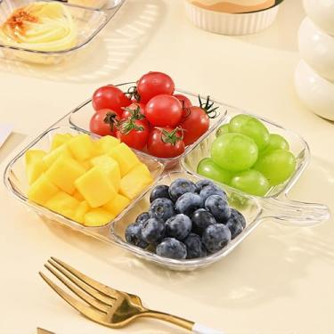 Imagem de Bandeja transparente para aperitivos de 4 seções, 1 pacote com prato de condimentos dividido para molhos, lanches e frutas