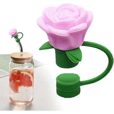 Imagem de Capas de palha de flor rosa de 10 mm para copo Stanley, capa de silicone à prova de poeira, pontas de canudo de flor, tampa de poeira para acessórios de 30 e 1,134 g (roxo)
