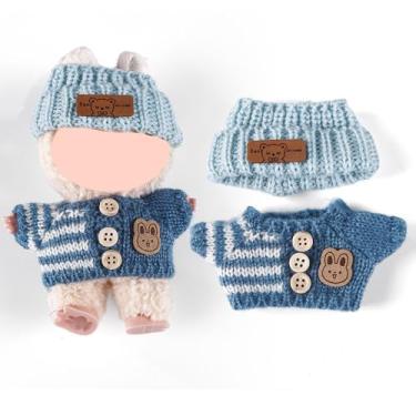 Imagem de Compatível com Labubu (sem boneca) - Conjunto de malha azul (chapéu + suéter + calça) com patch de coelho, roupas de boneca de 15 cm/17 cm (azul, sem bolsa)