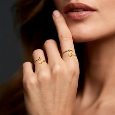Imagem de Anéis de dedo delicados com letras douradas para mulheres, moderno vintage banhado a ouro 14 k, ajustável, empilhável, joias modernas, presente de formatura, Aço inoxidável, Sem pedra preciosa