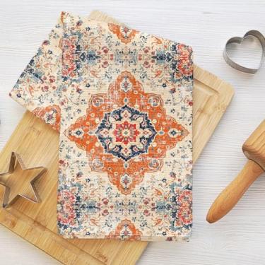 Imagem de Toalhas de cozinha com padrão floral vintage, boho vintage flor estética decorativa toalha de prato de microfibra absorvente toalha de chá, toalhas de mão laranja azul para casa de fazenda casa de