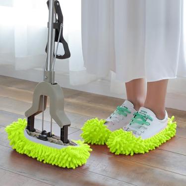 Imagem de Chinelos reutilizáveis de esfregão de chenille, capas de sapatos de limpeza de poeira preguiçosa para limpeza de piso, chinelos laváveis de microfibra para pisos de madeira e azulejo (verde)