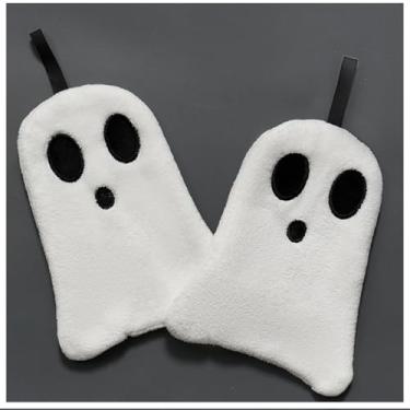 Imagem de 2 peças de toalha de mão fantasma macia com laço toalha de mão de secagem rápida para Halloween cozinha banheiro - material de lã coral (branca)