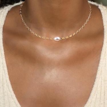 Imagem de Colar de pérolas para mulheres, banhado a ouro 14K, corrente feminina, moedas redondas, 35,5 cm + corrente de extensão de 5 cm, standard, Latão, Sem Pedra Preciosa