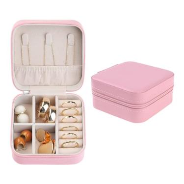 Imagem de Caixa de joias de viagem para meninas e mulheres, presente de aniversário, pequena bolsa organizadora de joias de couro PU, suporte de armazenamento 10 x 10 x 5 cm, rosa