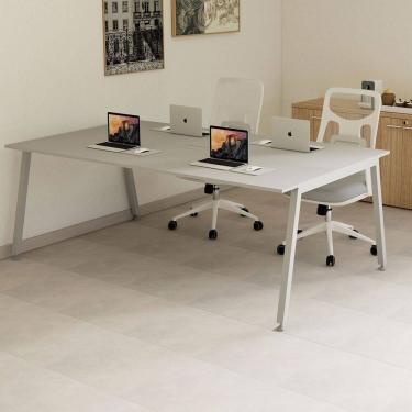 Imagem de Mesa Reunião Escritório Corporativo 6 Lugares 210cm X 74cm Caixa de Tomadas e Pés Metal Industrial Cinza