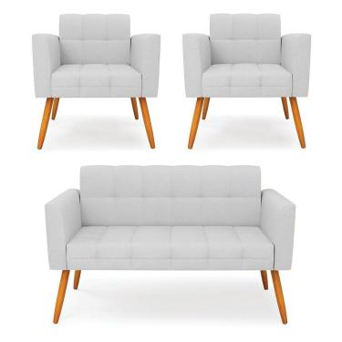 Imagem de Kit 1 Sofá Namoradeira E 2 Poltronas Elisa Linho Pés Palito Castanho - D'rossi Cor A05 Cinza