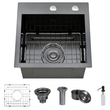 Imagem de Pia de cozinha profunda de aço inoxidável 304 moderna tigela única pequena pia de estação de trabalho com grade e ralo de prato (preto, 40,6 x 45,7 cm montagem superior)